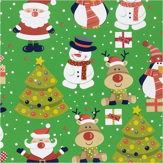Groen cadeaupapier met kerstfiguren - 50 cm x 100 m