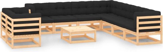 The Living Store Pallet Loungeset - Hoek/middenbank 70x70x67cm - Tafel/voetenbank 70x70x30cm - Antraciet kussens - Massief grenenhout