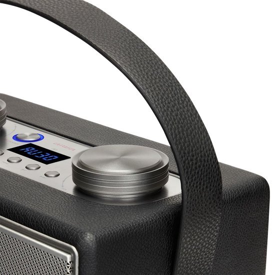 Aiwa BSTU-800BK Compacte luidspreker, draadloos, vintage-stijl, actief, stereo, 50 W RMS, Bluetooth, optische ingang, USB, HDMI-ARC, RCA, FM en ingang 6,3 mm en 3,5 mm, zwart