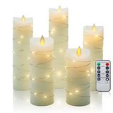 CCLIFE LED-kaarsen zonder vlammen met lichtslingers, timerfunctie, kaars van echt paraffine-was, batterij-aangedreven.Color:Set van 5 -Paraffine-Beige met lichtslingers