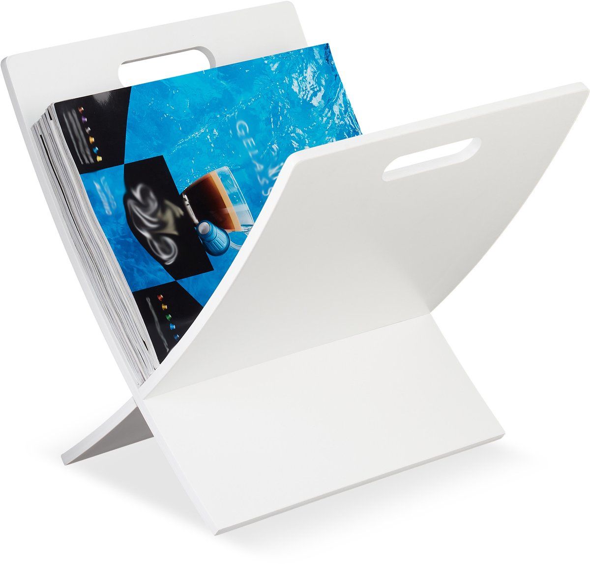 Relaxdays lectuurbak van hout, modern design, met handvat, tijdschriftenrek hout, krantenbak, 31 x 30 x 34 cm, wit