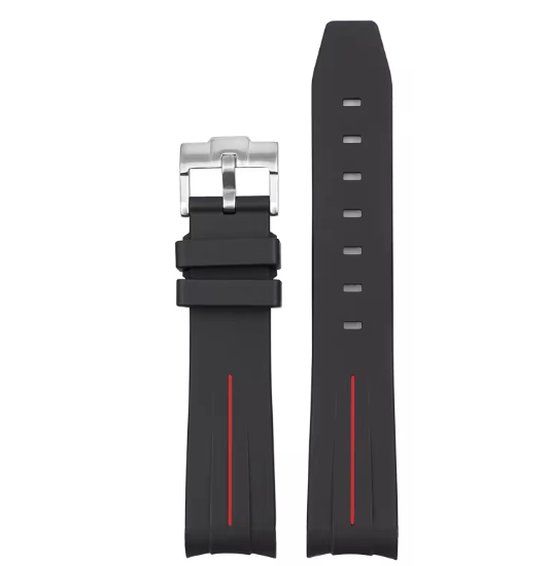 20mm Black Rubber Watch Band with Red Stripe - Compatible with Omega x Swatch MoonSwatch, Rolex, and SEIKO Watches
