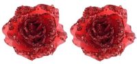 Merkloos Kaemingk Kerstboomversiering Bloem - 2x - 14 cm - rood - op clip - ornament - roos