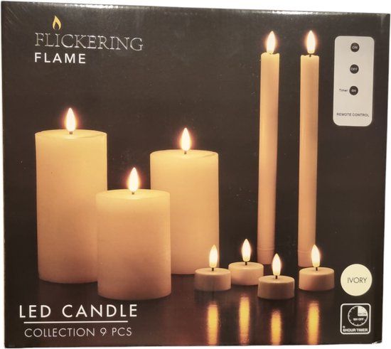 flickering flame Kaarsen set - 9 delig - ivory - bedienbaar