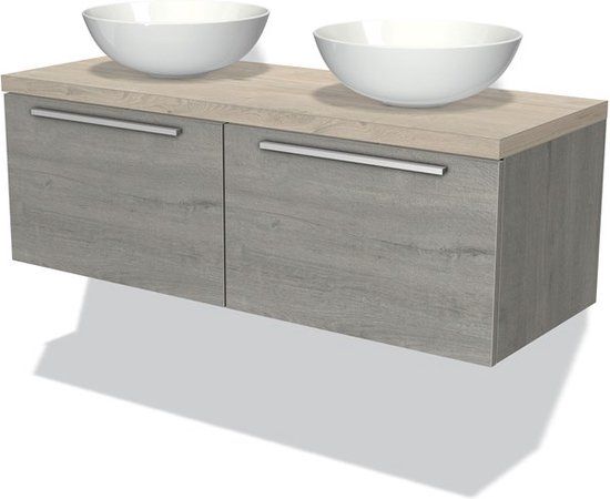 Maxaro Badkamermeubel voor Waskom 120cm Modulo Plato Grijs Eiken 2 Lades Vlak Lichtgrijs Eiken Blad