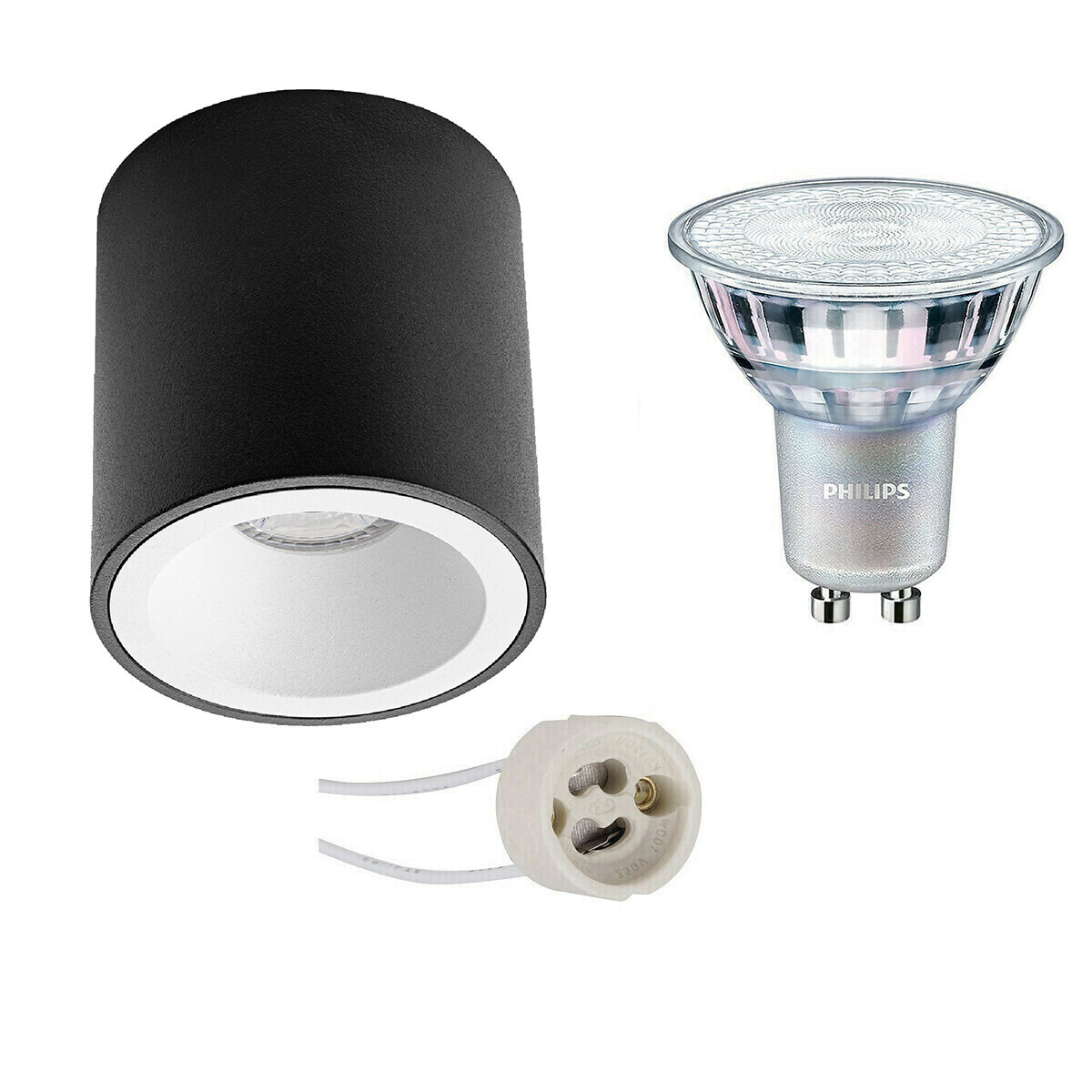 BES LED Opbouwspot Set - Pragmi Cliron Pro - GU10 Fitting - Opbouw Rond - Mat Zwart/Wit - Verdiept - Ø90mm - Philips - MASTER 927 36D VLE - 3.7W - Warm Wit 2200K-2700K - DimTone Dimbaar