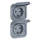 LEGRAND, Plexo 069577L inbouwstopcontact voor vochtige ruimtes, 2-voudig, Schuko-standaard, incl. klapdeksel, aanraakbeveiliging, voorbedraad, verticaal, IP44 - IK08 (IP55 met gesloten deksel), grijs