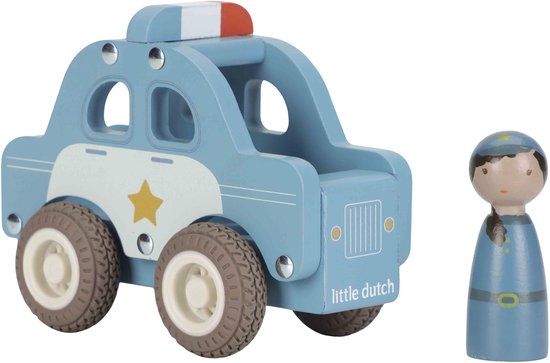 Little Dutch houten politiewagen speelgoedauto blauw met poppetje