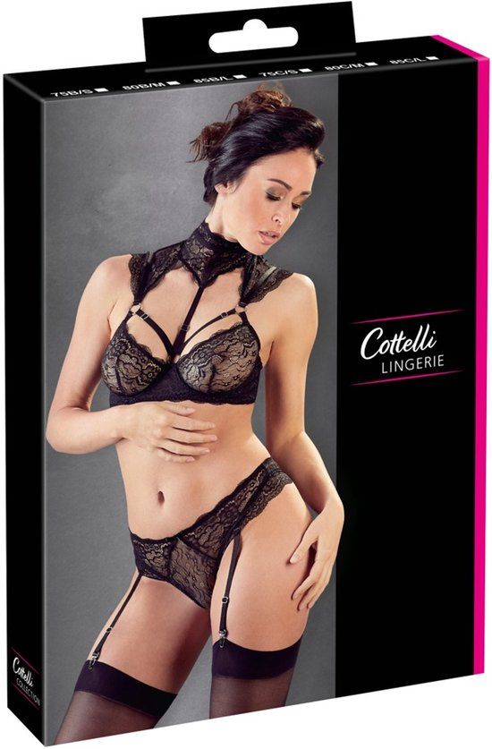 Cottelli Collection Jarretel BH-Set Van kant 80 B/M - Zwart