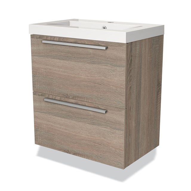 Maxaro Badkamermeubel 60cm Modulo Slim Eiken 2 Lades Vlak Wastafel Mineraalmarmer