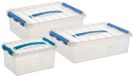 Sunware Q-Line opberg boxen set - 3 maten - 6-10-12 liter - kunststof - transparant/blauw