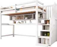 Lit enfant avec baldaquin, 90x200 cm – Lit mezzanine avec bureau intégré et espace de rangement – Avec échelle d'angle, barrière de sécurité et fenêtre – Barre de protection pour tout-petit – Blanc