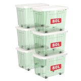 Cetomo 80L x 6 plastic opbergdozen met wielen, opbergdoos met deksel en veilige zijvergrendelingen, PP nestbare en stapelbare doorzichtige organizer voor thuis, kantoor, verhuizen, transparant groen