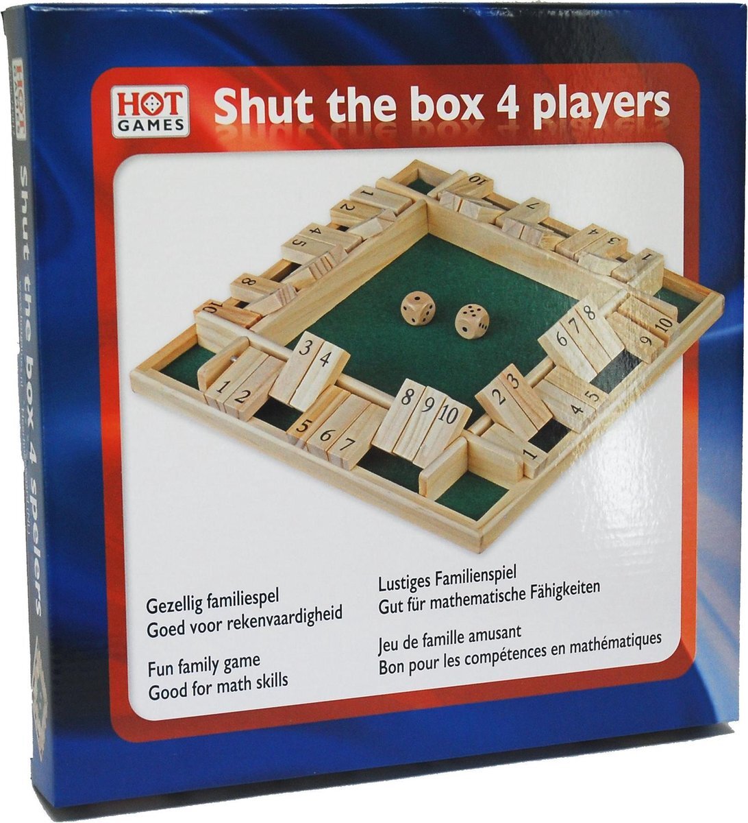 HOT Games Shut the Box Spel 4 spelers 10 cijfers 29x29cm. Hout
