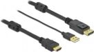 Delock Premium HDMI naar DisplayPort actieve kabel - HDMI 1.4 / DP 1.2 (4K 30Hz) - voeding via USB-A / zwart - 5 meter