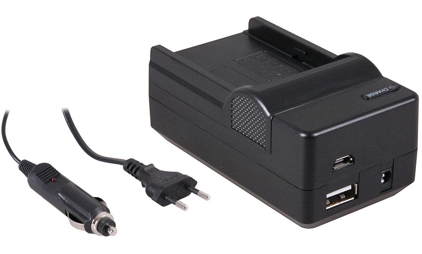 - (compatible) 4-in-1 acculader voor Sony NP-FM50 / NP-FM55H accu - compact en licht - laden via stopcontact, auto, USB en Powerbank