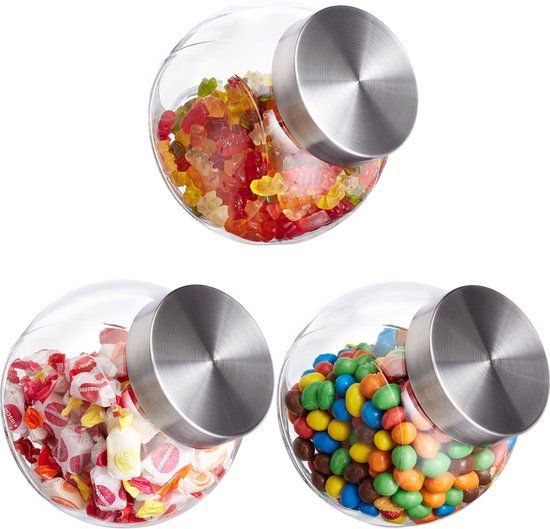 Merkloos Relaxdays Snoeppotten, Set van 3, 1.5L, Transparant Glas, RVS Deksel