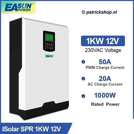 EASUN 1000W 12V hybride omvormer - Netstroom - MPPT regelaar - Zonnepanelen regelaar - Accu's - 230VAC - Zwart/Wit
