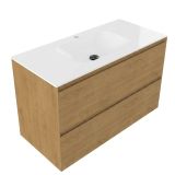 Saniclass Holz Pure Badkamermeubelset - 100x45x61.5cm - Flow solid surface wastafel wit - 1 wasbak - 1 kraangat - 2 lades - mat eiken natural (hout) SW1420787/SW1174115
