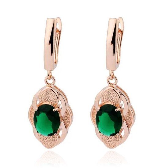 Deja Jewels Oorbellen met Ovale Hangers - Dames, Rosegoudkleurige Afwerking, Groene Glassteen