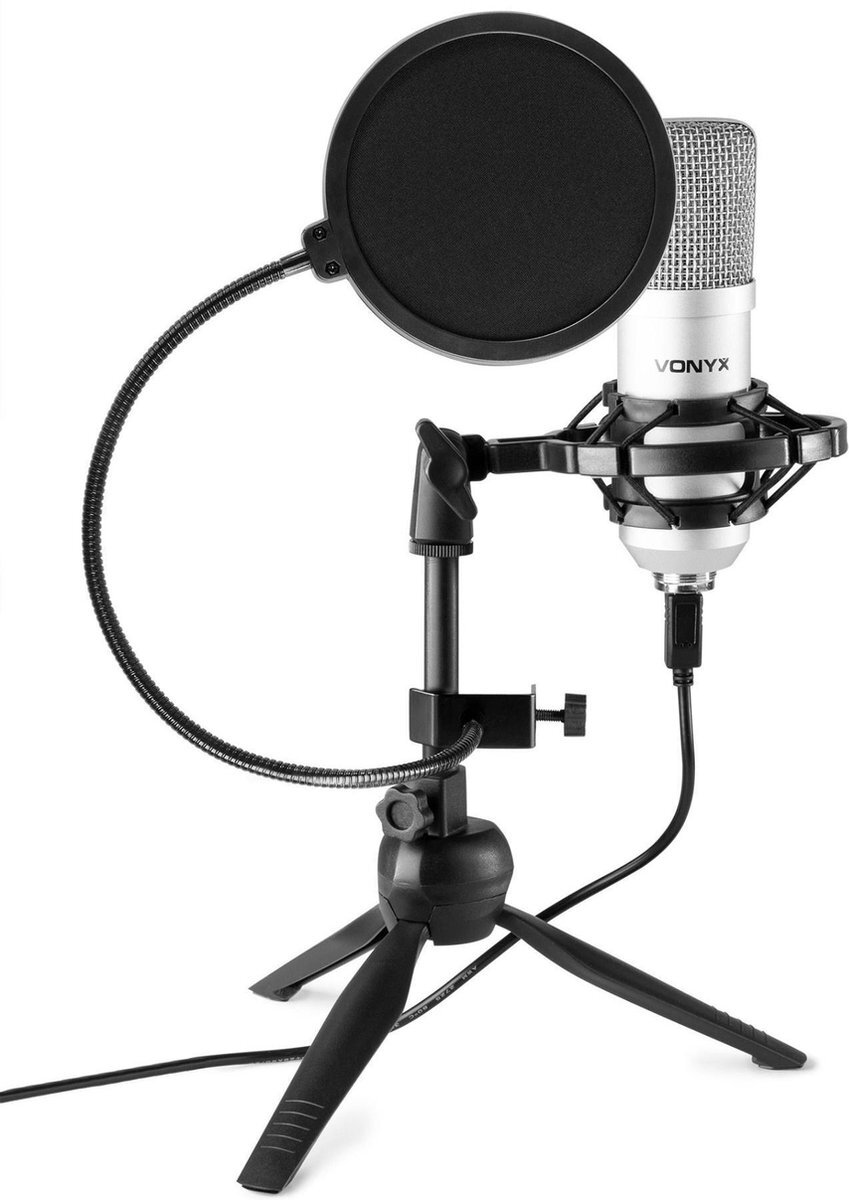 Vonyx CM300S USB Studio Microfoon met Inklapbare Tafelstandaard, Popfilter en Shockmount - Podcast, Gaming, Streaming, Vlogs, PS4 - Titanium