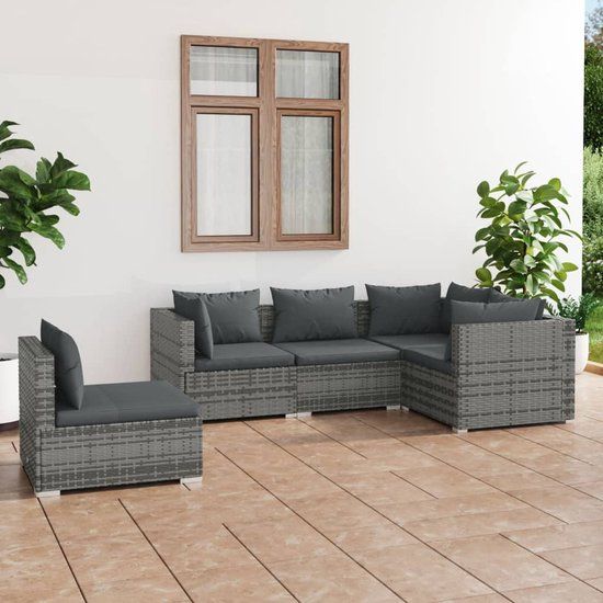 The Living Store Loungeset - Grijs - PE-rattan - Modulair design - 70 x 70 x 60.5 - Dik gevoerde kussens - 7-persoons