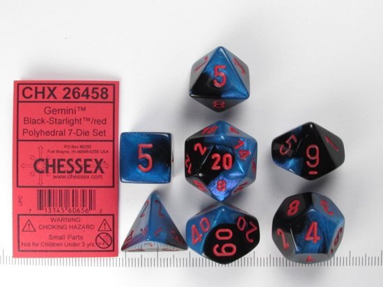 Chessex dobbelstenen set 7 polydice Gemini black-Starlight w/red