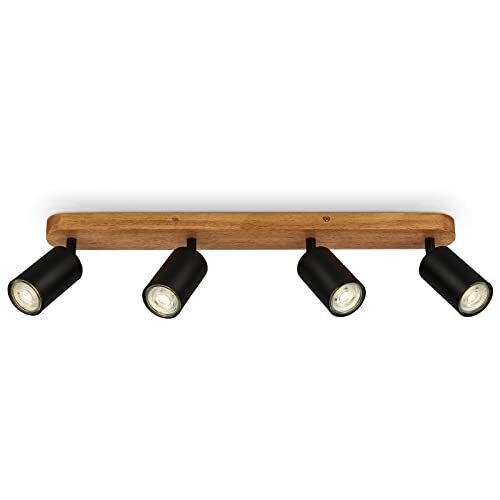 Briloner - Retro plafondlamp met hout, 4-lamps vintage plafondlamp, 4x GU10 fitting, verstelbare LED spot, rustieke plafondspot, zwart-hout, 550x60x85 mm