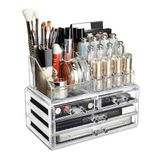 Ikee Design Acryl organizer voor make-up of accessoires met 4 laden en verwijderbare bovenste lippenstifthouders, transparant ontwerp verbetert je kaptafel of badkamer voor snelle zichtbaarheid