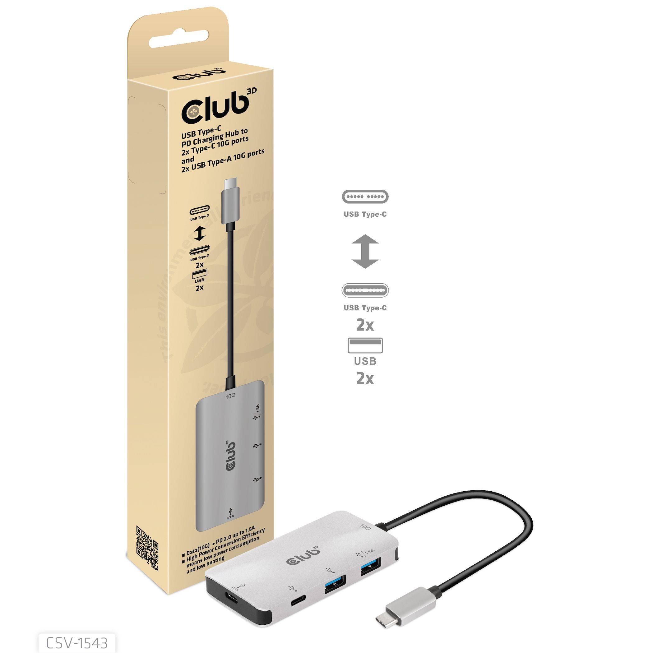 CLUB3D USB-C Hub - 2x USB-A & 2x USB-C 10G Ports - 100W PD - Black/Silver