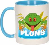 Bellatio Decorations Plons mok - blauw/wit - keramiek - 300 ml - kinder beker kikker