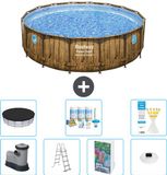 Bestway Rond Power Steel Swim Vista Zwembad - Houtprint - 488 x 122 - Inclusief Pomp - Ladder - Afdekzeil - Onderhoudspakket - Verlichting - 8-delig