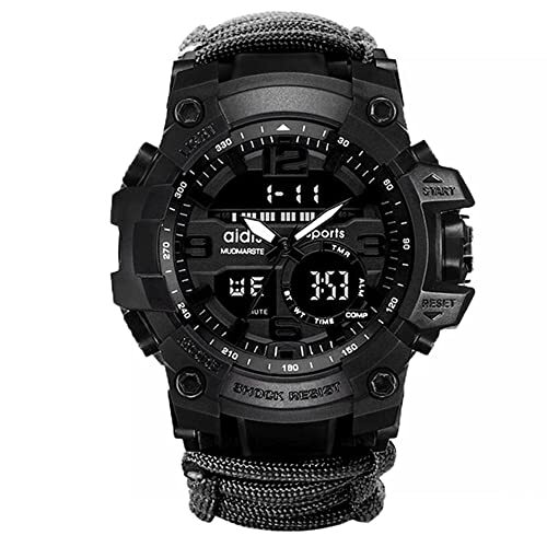 KDFJ Heren sporthorloge, kompas multifunctioneel buiten waterdicht horloge, dual-display analoog digitaal LED elektronische quartz horloges-zwart