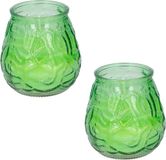 arti casa Set van 4x citronella lowboy tuin kaarsen in groen glas - 10 cm - 15 branduren