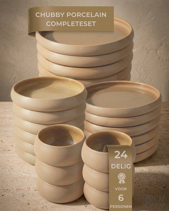 BAVARY Chubby Serviesset 24-delig Porselein - Beige - 6 Personen - Vaatwasser- & Magnetronbestendig