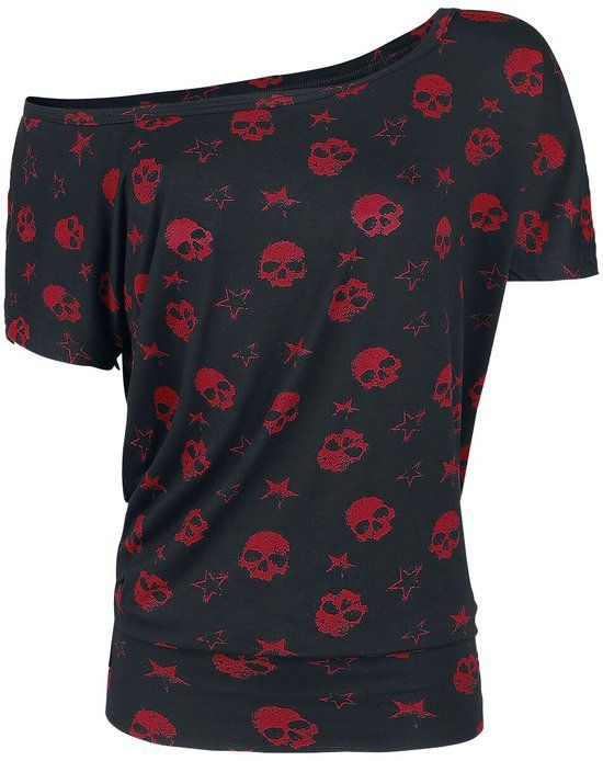 Full Volume by EMP Zwart-rood t-shirt met doodshoofdprint - Dames - 5XL