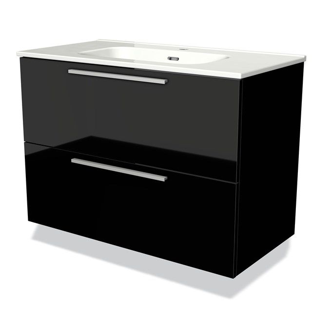 Maxaro Badkamermeubel 90cm Modulo Hoogglans Zwart 2 Lades Vlak Wastafel Keramiek