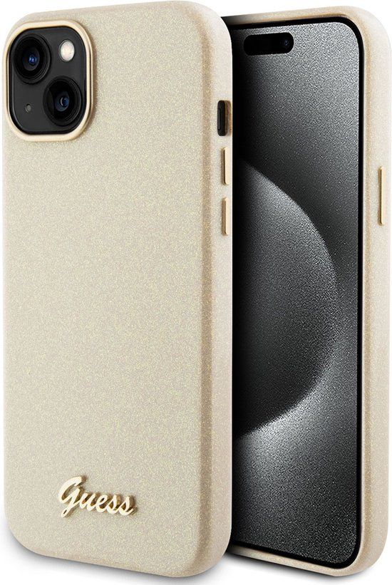 Guess iPhone 15 Plus Back Cover - Glitter Glossy Script - Gold