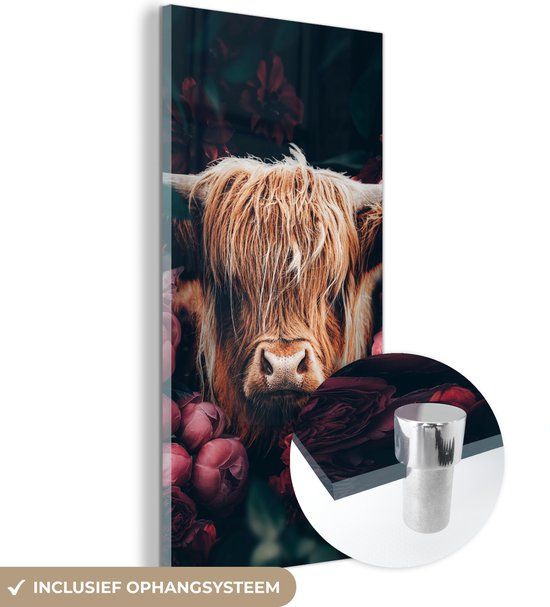 MuchoWow® Glass Painting 40x80 cm - Acrylic Glass Painting - Cow - Highland Cow - Flowers - Botanical - Photo on Glass - Paintings