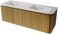 Saniclass Terra Badkamermeubelset - 140x42x45.5cm - keramische wastafel wit glans - 2 wasbakken - 4 lades - Sandwood (licht eiken)