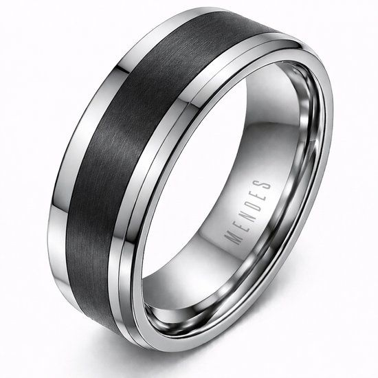 Mendes Wolfraam heren ring Geborsteld Zwarte Streep 8mm-20mm