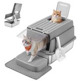 Feandrea bac à litière pour chat en acier inoxydable, avec couvercle, pelle, 2 entrées