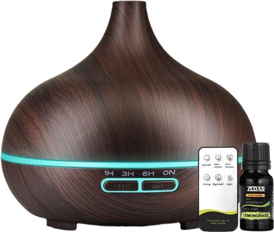 Zedar Aroma Diffuser 550ML met Afstandsbediening - Luchtbevochtiger – Verdamper – Aromatherapie - Geurverspreider - Donkerbruin