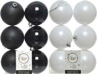 Decoris 24x stuks kunststof kerstballen zwart en wit 8 cm - Kerstversiering/kerstboomversiering