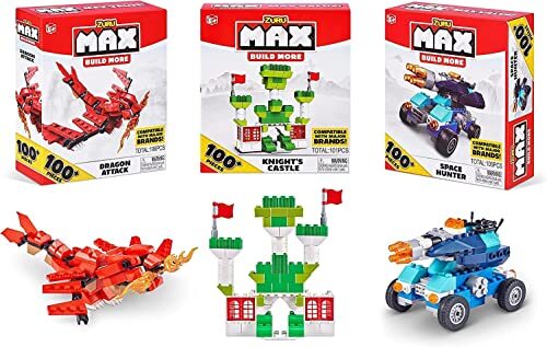ZURU Max Build More Bouwthema 300 stuks stenen set (3 stuks) meer dan 300+ speelgoed bouwstenen, 3 modellen om te bouwen, Dragon Attack, Green Castle en Space Car (compatibel met grote merken)