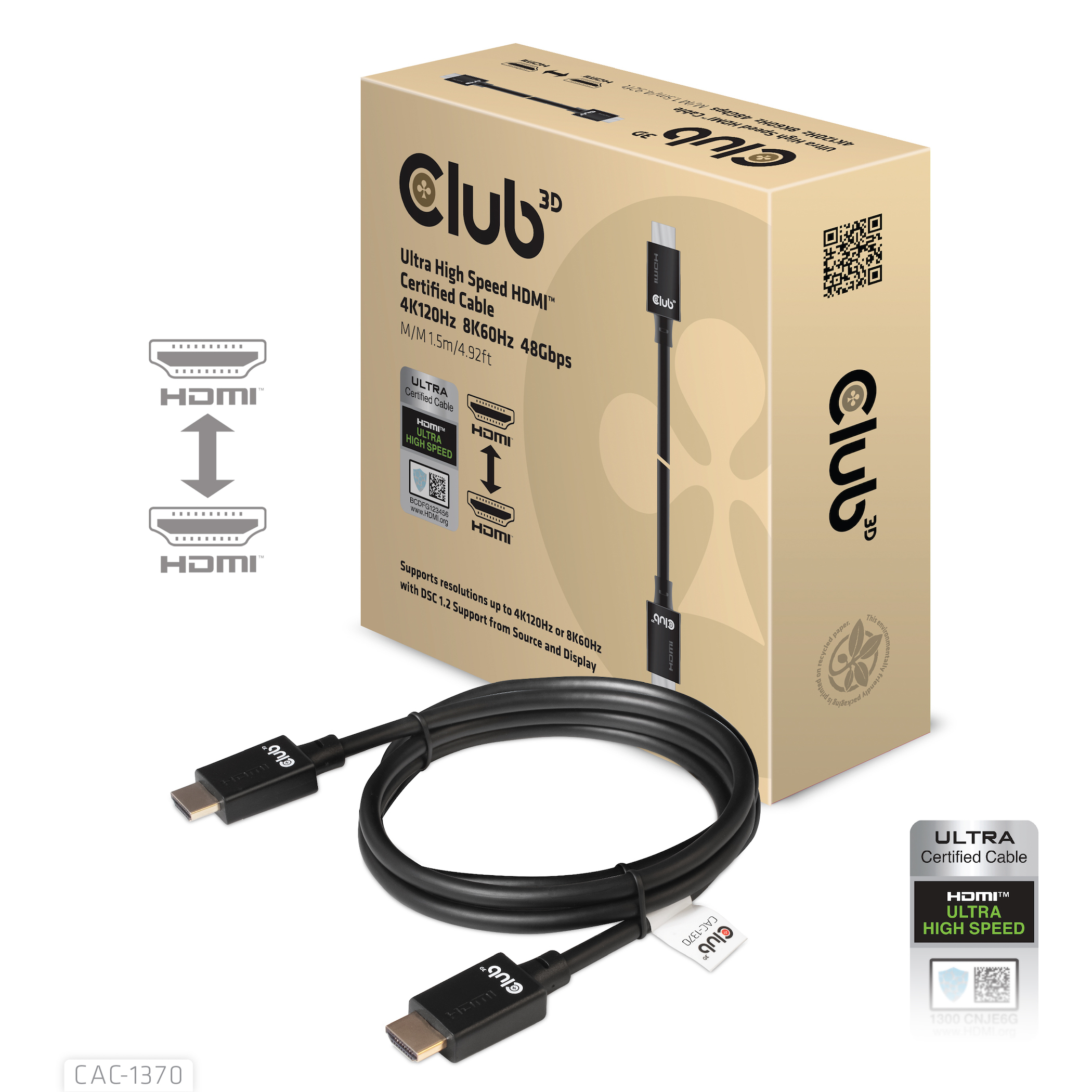 Club 3D Ultra High Speed ​​HDMI™2.1 gecertificeerde kabel 4K120Hz, 8K60Hz 48Gbps M/V 1.5M
