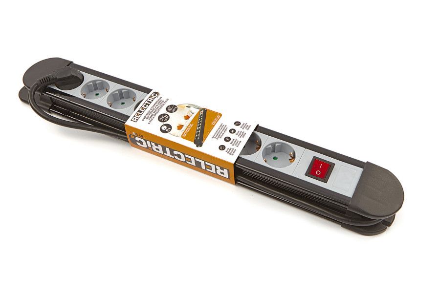 Relectric Stekkerdoos met 6 stopcontacten - Zwart/Grijs - 1,5 m