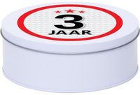 Merkloos Snoeptrommel - koektrommel Cadeau - wit - rond blik - met 3 jaar sticker