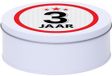Merkloos Snoeptrommel - koektrommel Cadeau - wit - rond blik - met 3 jaar sticker