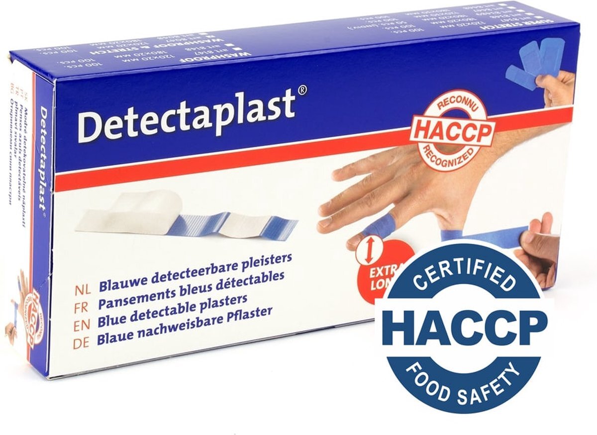 detectaplast blauwe pleisters Universal, metaaldetecteerbare, waterdichte en vuilwerende pleisters sensitive, voor de voedingsindustrie, catering en grootkeuken, 180 x 20 mm, 100 stuks